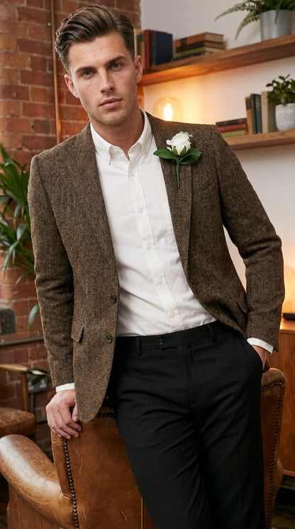 Men’s Dark Brown Tweed Herringbone Blazer, Classic Dress Sport Coat for Wedding and Casual Wear