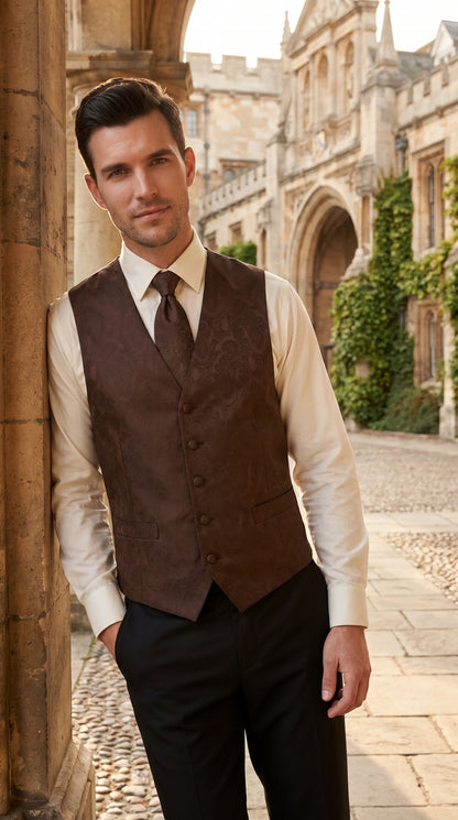 Men’s Dark Brown Paisley Tuxedo Vest and Matching Tie Set, Formal Wedding Waistcoat for Prom, Church and Parties