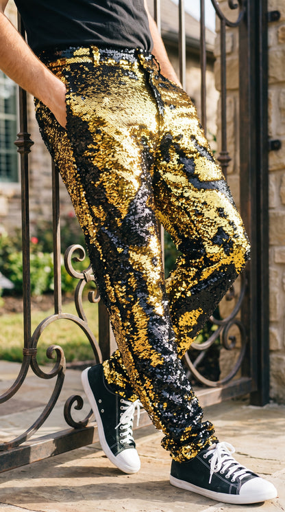 Men’s Gold and Black Sequin Pants, Shiny Party Stage Performance Dress Pants