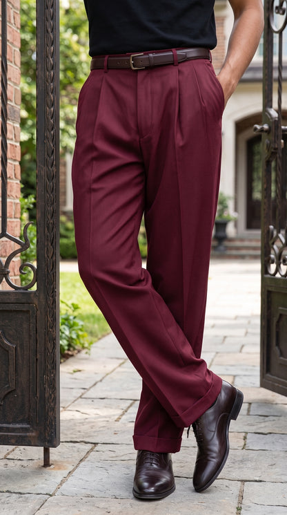 Pacelli Men’s Burgundy Pleated Wide Leg Dress Pants, Wine Maroon Baggy Fit Slacks with Unhemmed Bottoms