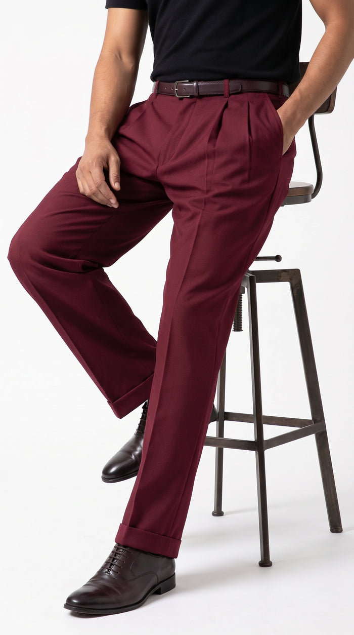 Pacelli Men’s Burgundy Pleated Wide Leg Dress Pants, Wine Maroon Baggy Fit Slacks with Unhemmed Bottoms