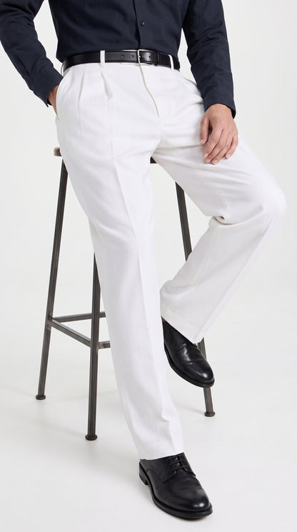 Men’s White Wide Leg Pleated Dress Pants, Baggy Fit Formal Slacks with Unhemmed Bottoms