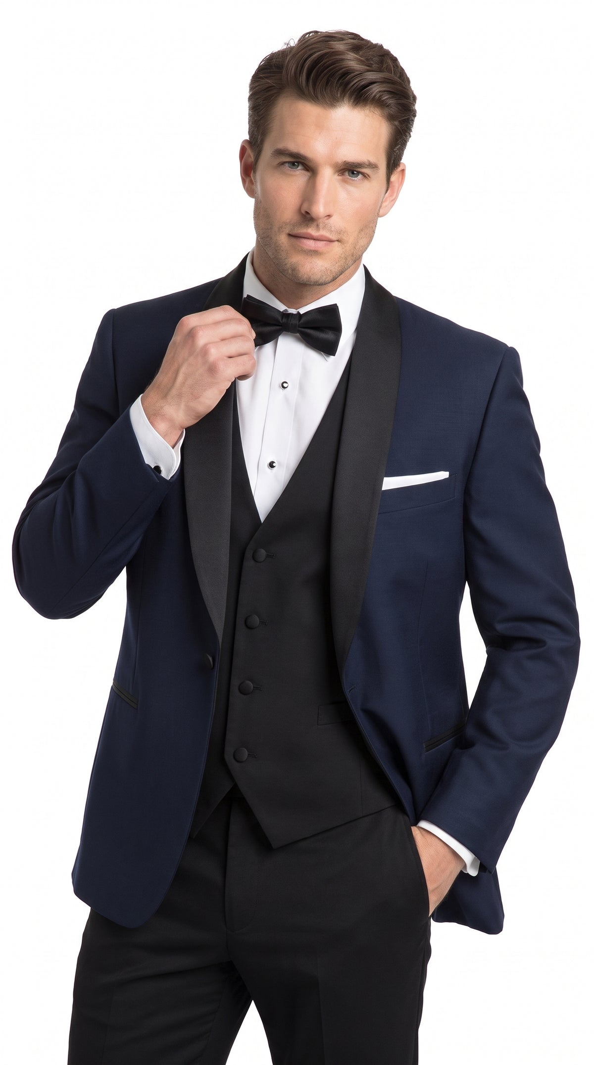 Men’s Big & Tall Navy Blue Tuxedo – Black Satin Shawl Lapel Formal Wedding & Prom Suit