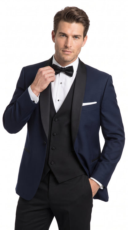Men’s Big & Tall Navy Blue Tuxedo – Black Satin Shawl Lapel Formal Wedding & Prom Suit