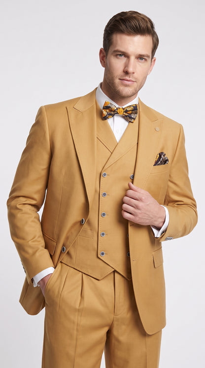 Men’s Camel Big & Tall 3-Piece Wool Suit – Peak Lapel Classic Fit with Double-Breasted Vest & Pleated Pants