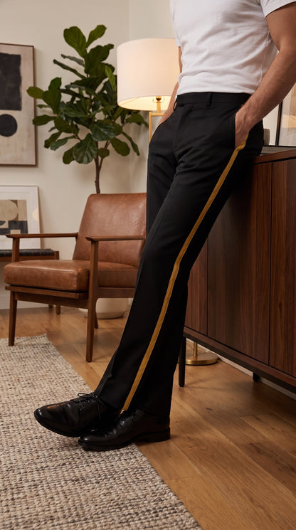 Men’s Black Tuxedo Pants with Gold Side Stripe – Flat Front Formal Dress Pants