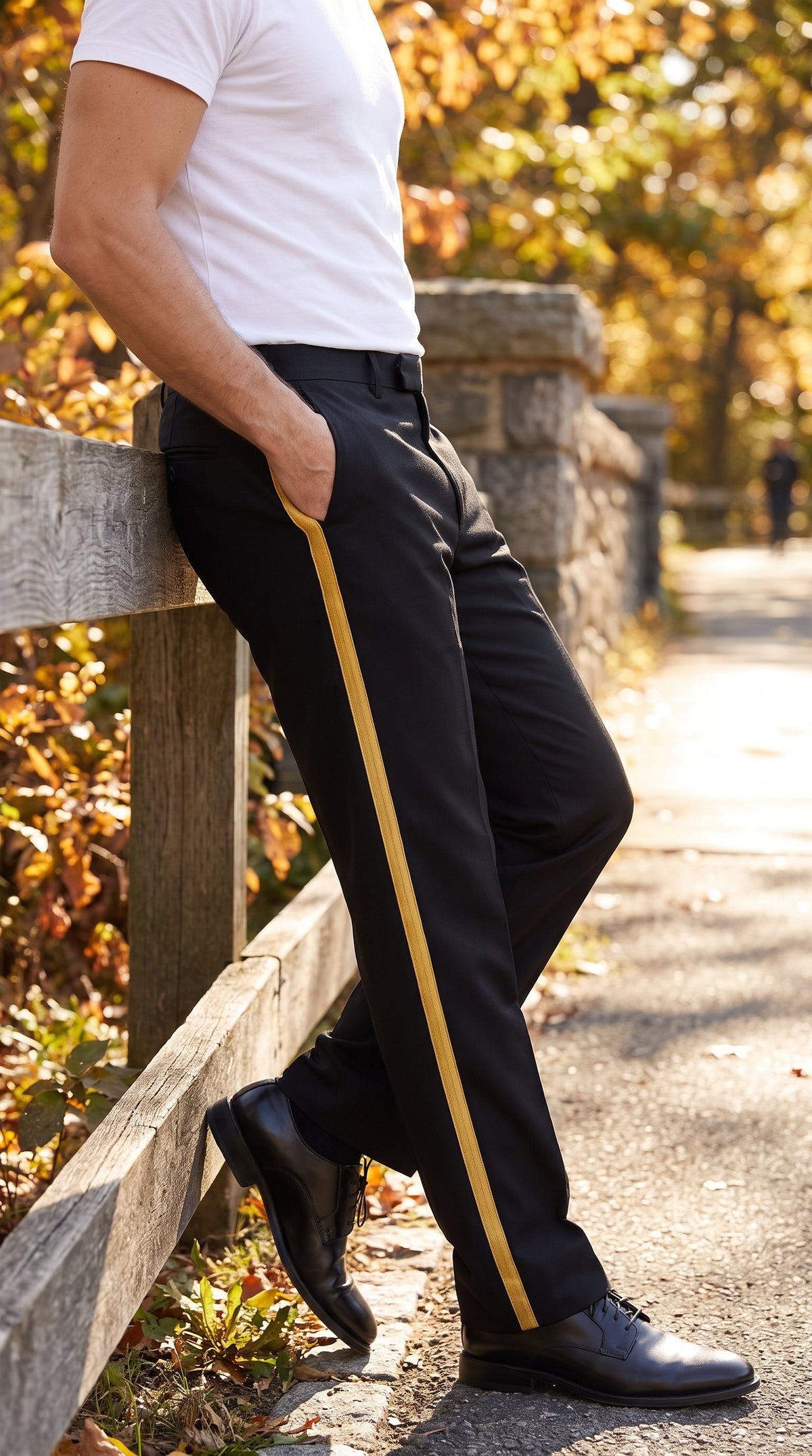 black and gold dress pants PLEASE Men's Tuxedo with Side Stripe – Flat Front Formal Pants prom black and gold suit