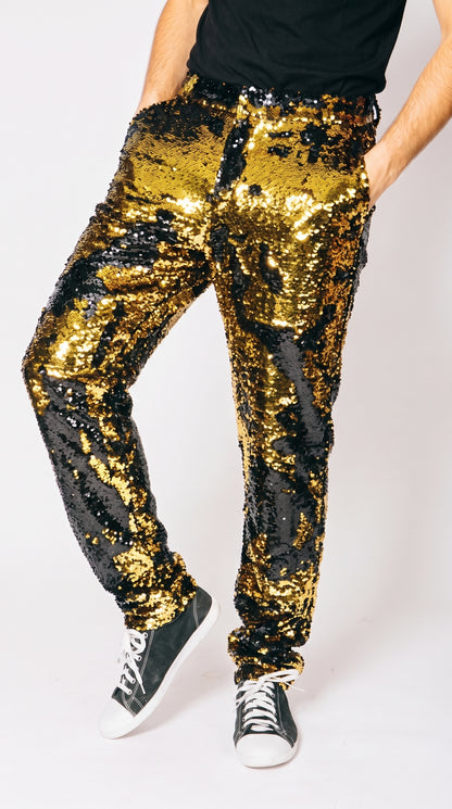 Men’s Gold and Black Sequin Pants, Shiny Party Stage Performance Dress Pants