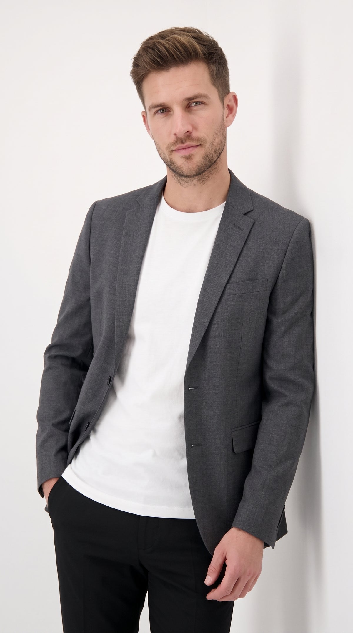 Men’s Charcoal Extra Slim Fit Blazer, Shorter Sleeve Shorter Jacket Formal Sport Coat