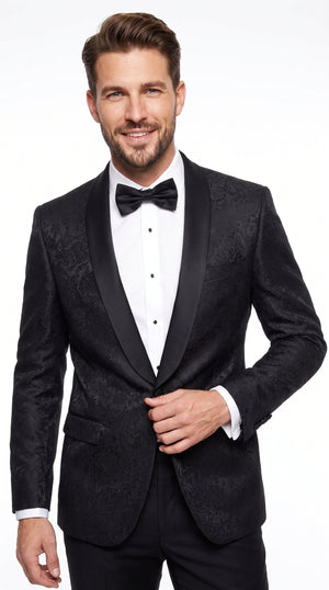 Men’s Black Fancy Pattern Sport Coat – One Button Formal Dinner Jacket with Shawl Lapel