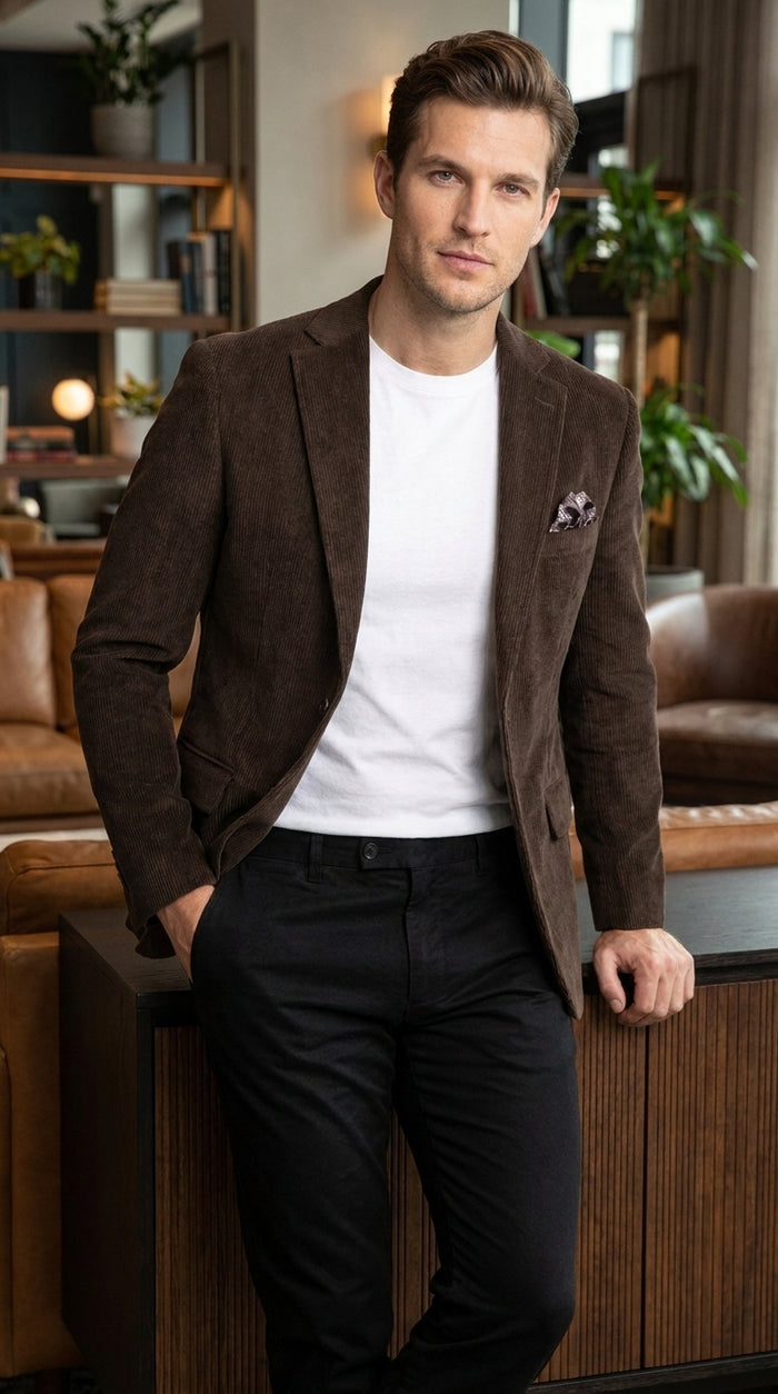 Men’s Chocolate Brown Corduroy Blazer, 100% Cotton Stretch Modern Fit Sport Coat