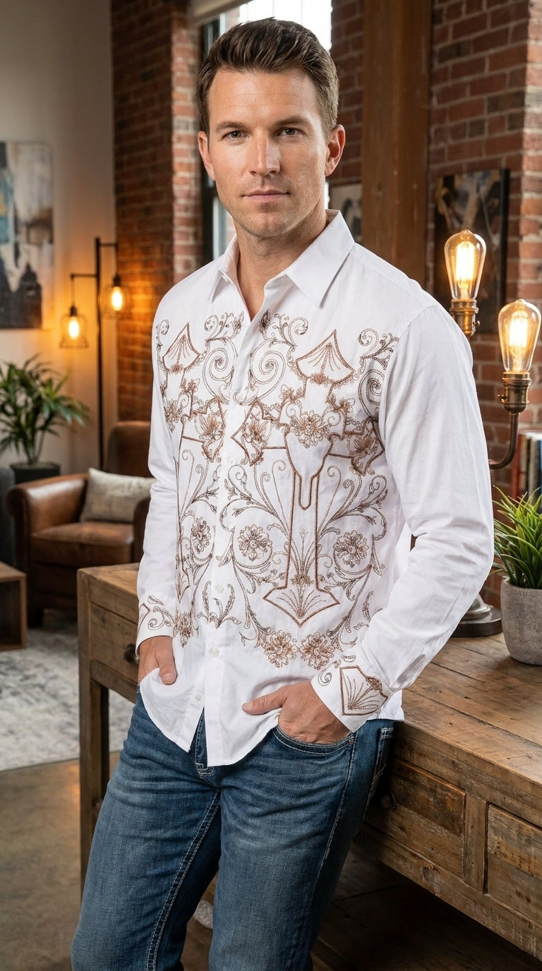 Men’s Multi Color Embroidered Cotton Dress Shirt, Stylish Casual Fashion Button Down Shirt