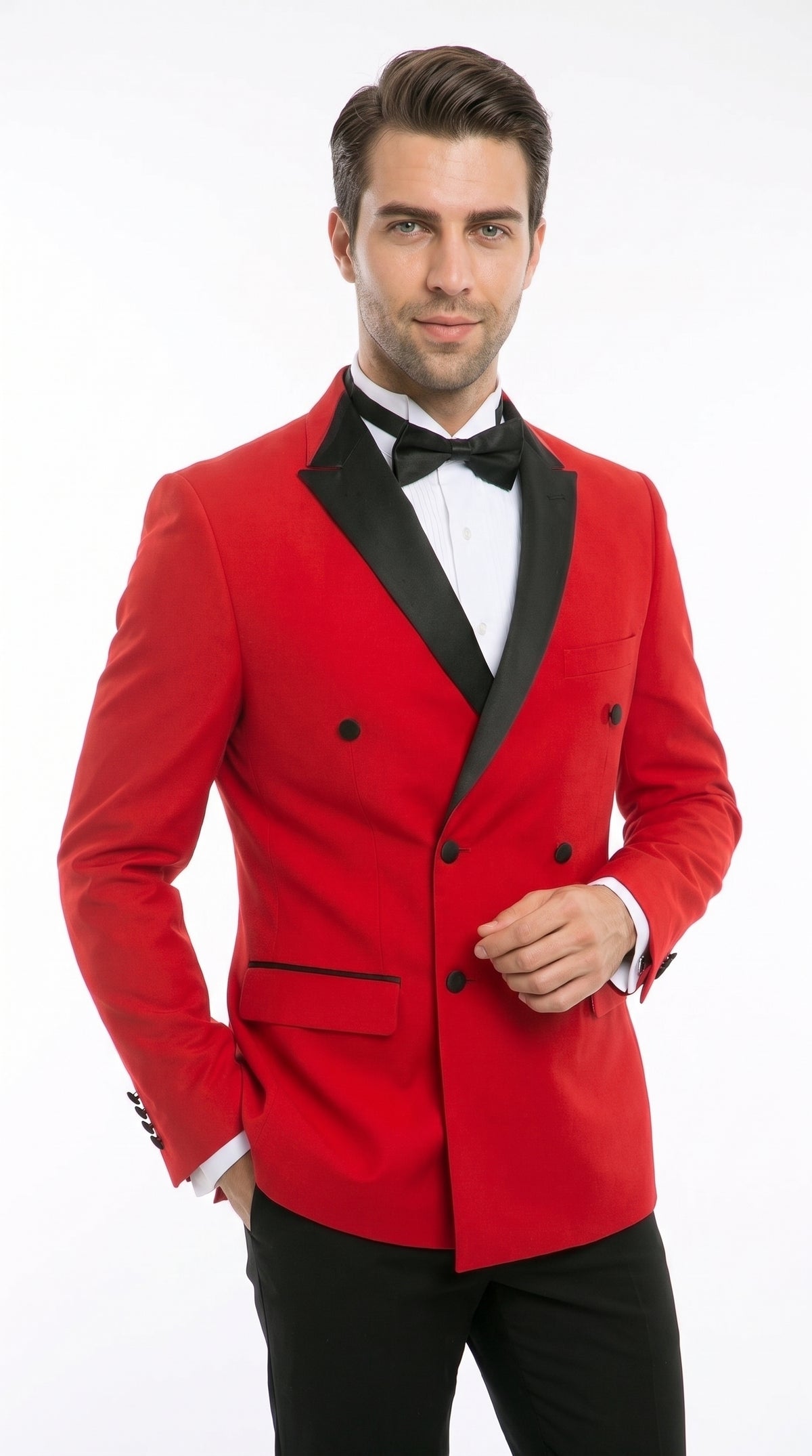 Men’s Red Double Breasted Tuxedo – Black Peak Lapel Prom & Wedding Suit