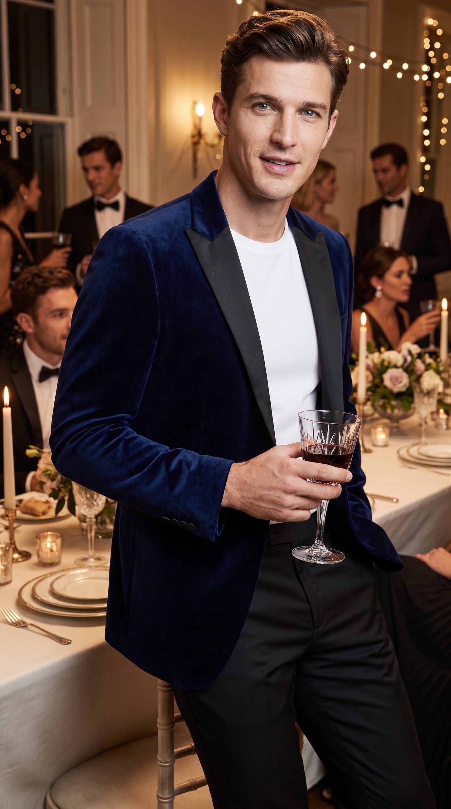 Men’s Navy Blue Velvet Tuxedo Jacket with Black Satin Lapel, Formal Sport Coat Dinner Blazer