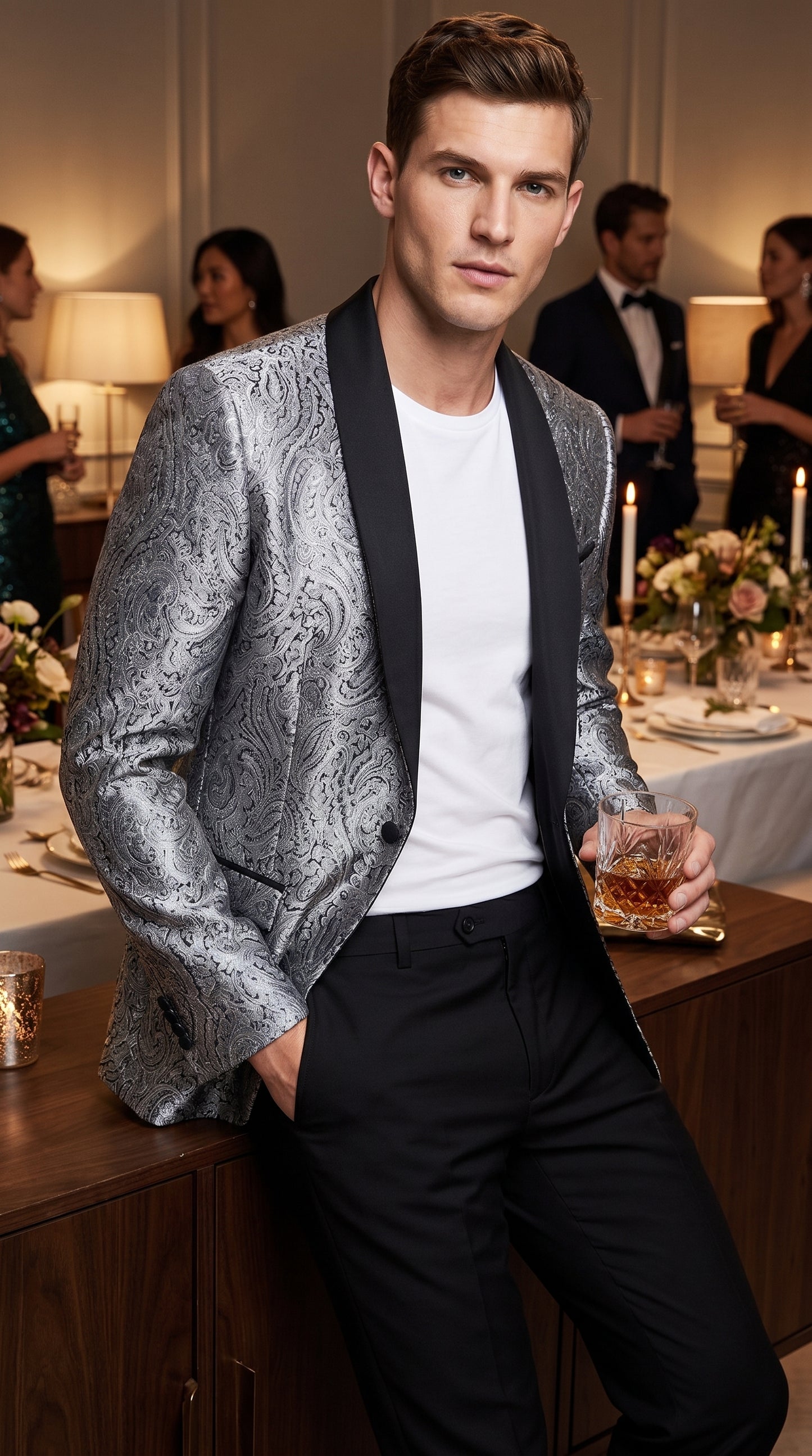 Alberto Nardoni Men's Silver Gray & Black Paisley Sequin Tuxedo Suit with Black Satin Shawl Lapel