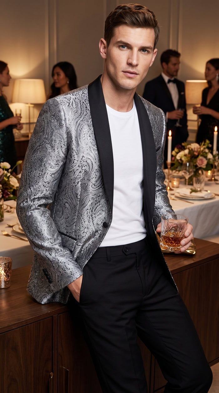Alberto Nardoni Men's Silver Gray & Black Paisley Sequin Tuxedo Suit with Black Satin Shawl Lapel