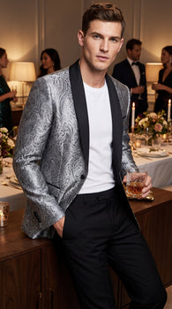 Alberto Nardoni Men’s Silver Gray and Black Paisley Sequin Tuxedo Blazer with Black Lapel