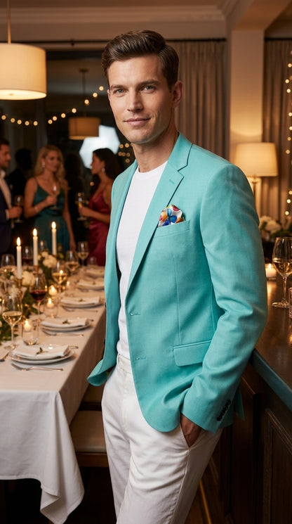 Men’s Aqua One Button Blazer, Formal Dress Sport Coat for Wedding Prom and Parties