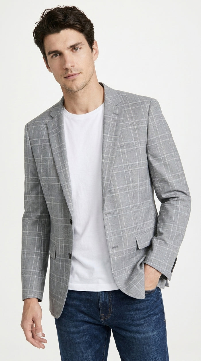 Men’s Light Grey Double Windowpane Plaid Western Blazer, Two Button Regular Fit Saco Vaquero Sport Coat