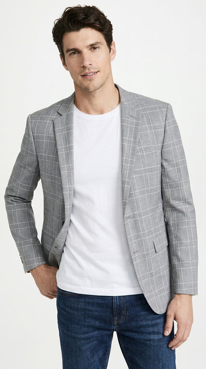 Men’s Light Grey Double Windowpane Plaid Western Blazer, Two Button Regular Fit Saco Vaquero Sport Coat