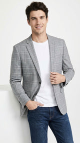 Men’s Light Grey Double Windowpane Plaid Western Blazer, Two Button Regular Fit Saco Vaquero Sport Coat