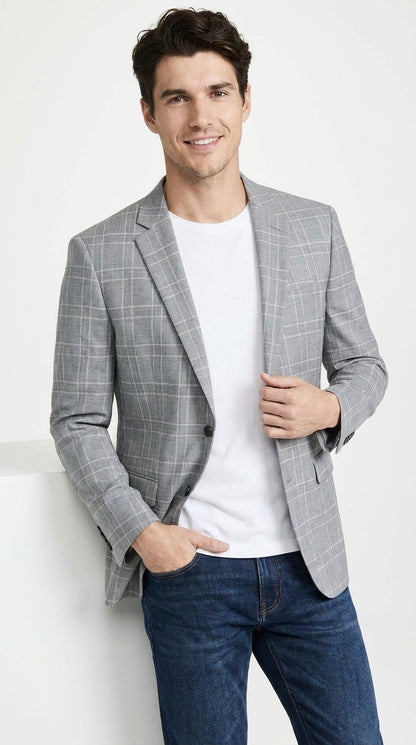 Men’s Light Grey Double Windowpane Plaid Western Blazer, Two Button Regular Fit Saco Vaquero Sport Coat