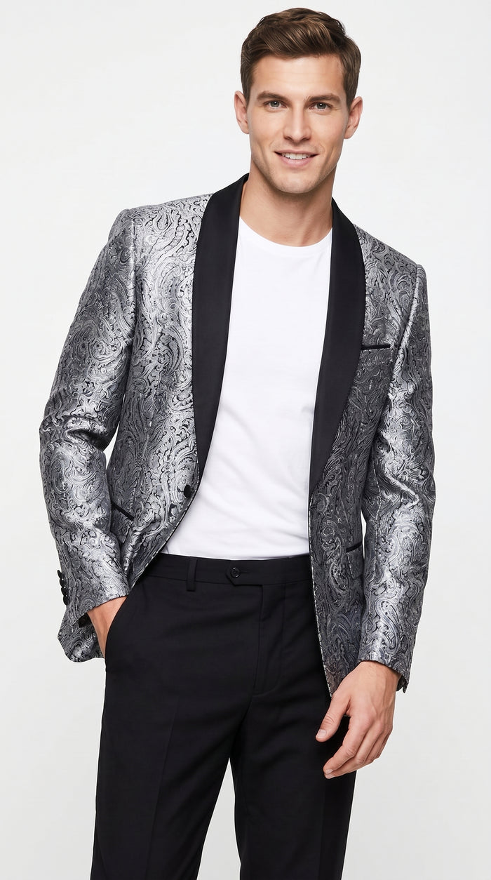 Alberto Nardoni Men's Silver Gray & Black Paisley Sequin Tuxedo Suit with Black Satin Shawl Lapel