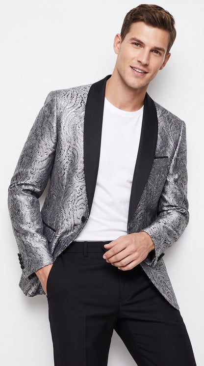 Alberto Nardoni Men's Silver Gray & Black Paisley Sequin Tuxedo Suit with Black Satin Shawl Lapel