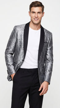 Alberto Nardoni Men’s Silver Gray and Black Paisley Sequin Tuxedo Blazer with Black Lapel