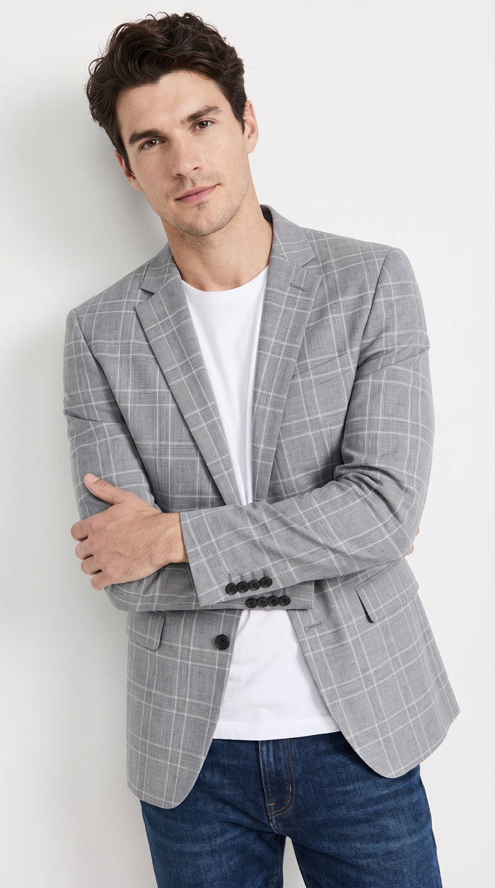 Men’s Light Grey Double Windowpane Plaid Western Blazer, Two Button Regular Fit Saco Vaquero Sport Coat