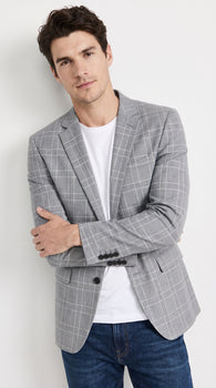 Men’s Light Grey Double Windowpane Plaid Western Blazer, Two Button Regular Fit Saco Vaquero Sport Coat
