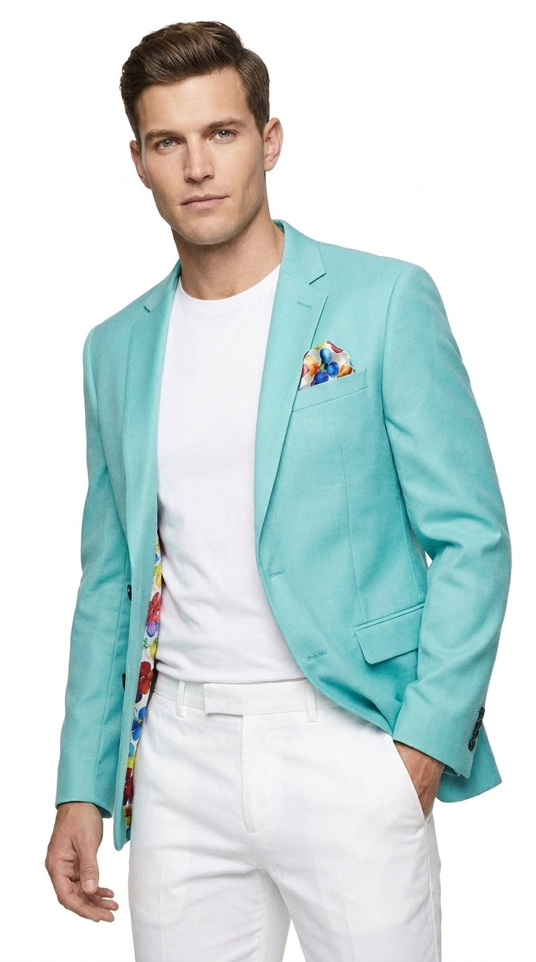 Men’s Aqua One Button Blazer, Formal Dress Sport Coat for Wedding Prom and Parties