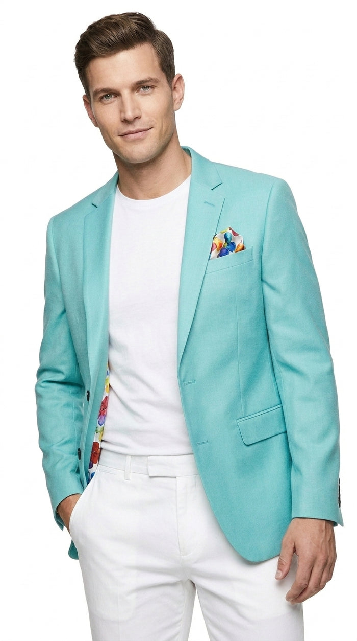 Men’s Aqua One Button Blazer, Formal Dress Sport Coat for Wedding Prom and Parties