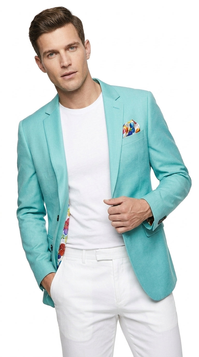 Men’s Aqua One Button Blazer, Formal Dress Sport Coat for Wedding Prom and Parties