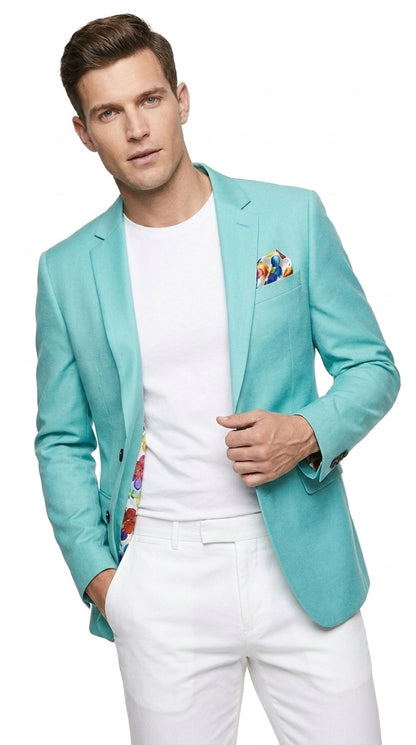 Men’s Aqua One Button Blazer, Formal Dress Sport Coat for Wedding Prom and Parties