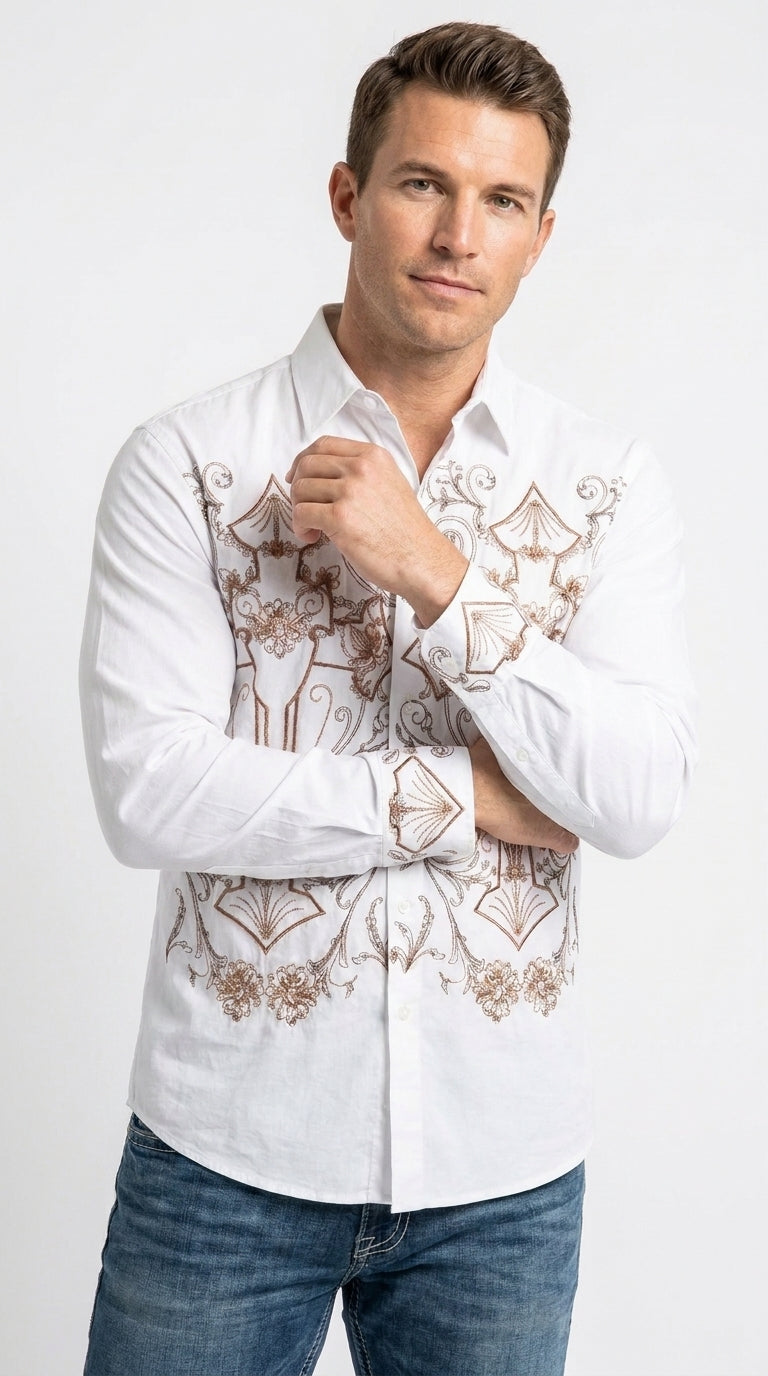 Men’s Multi Color Embroidered Cotton Dress Shirt, Stylish Casual Fashion Button Down Shirt