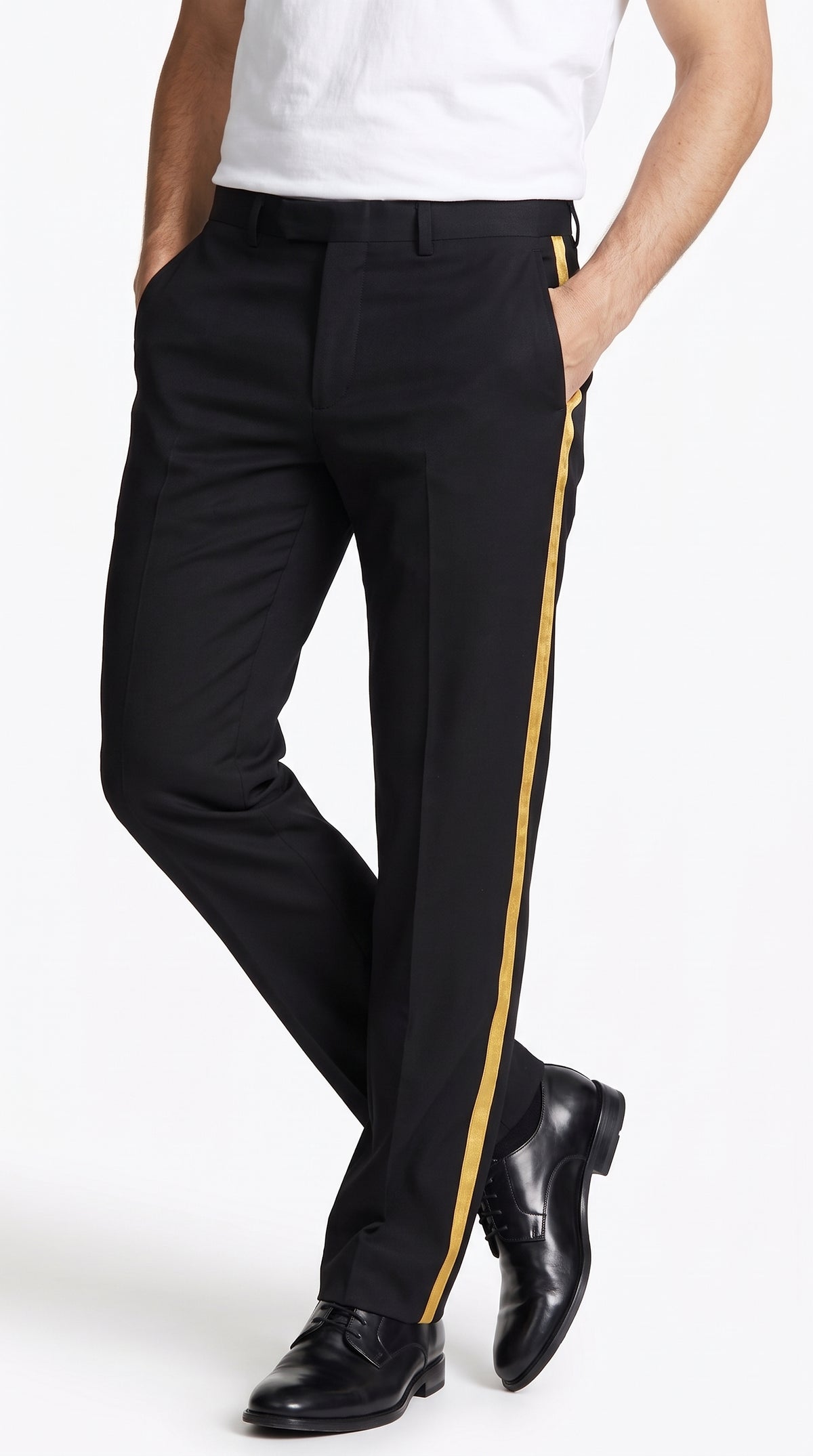 Men’s Black Tuxedo Pants with Gold Side Stripe – Flat Front Formal Dress Pants