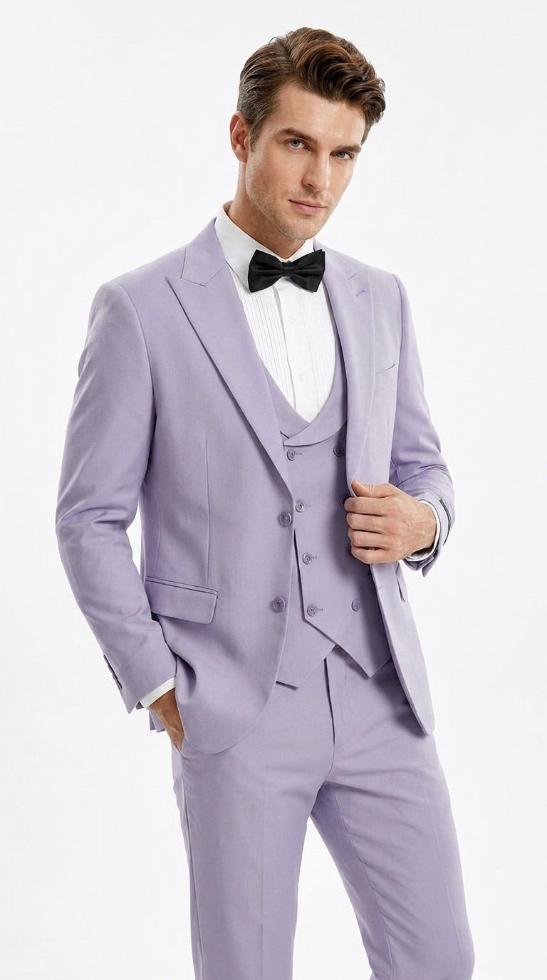 Men’s Lavender Modern Fit 3 Piece Suit, Two Button Vested Peak Lapel Graduation Wedding Prom Suit