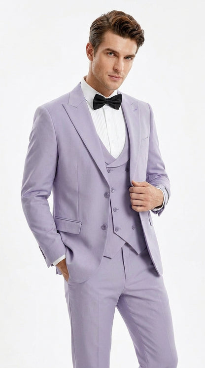 Men’s Lavender Modern Fit 3 Piece Suit, Two Button Vested Peak Lapel Graduation Wedding Prom Suit