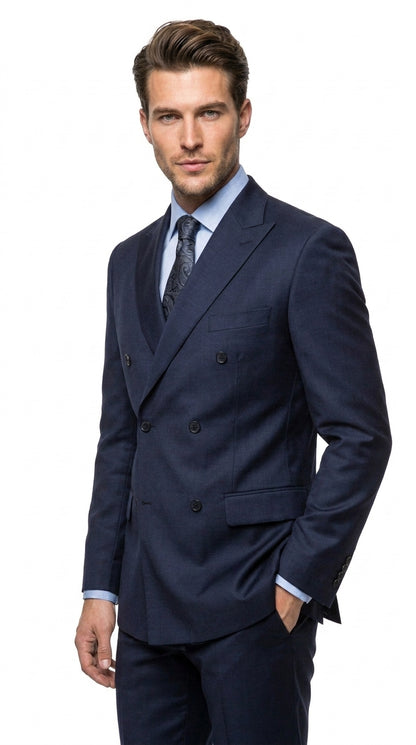 Men’s Navy Double Breasted Wool Suit, Peak Lapel Side Vent Jacket with Pleated Pants