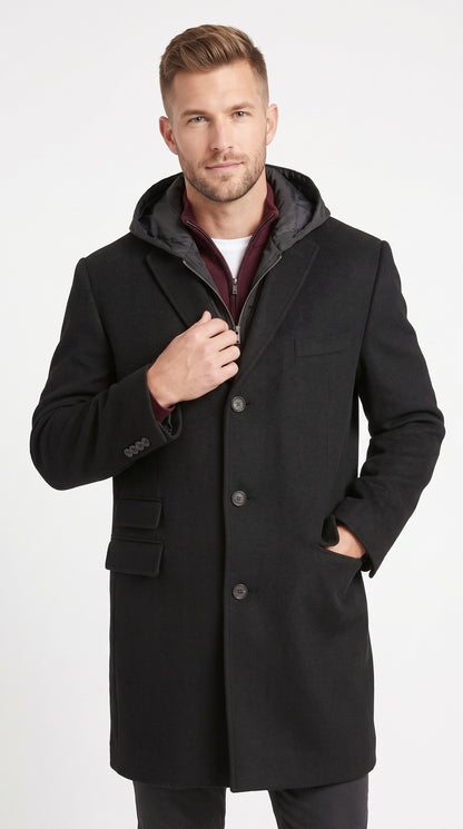 Men’s Black Hooded Overcoat, Formal Topcoat with Removable Hoodie Style