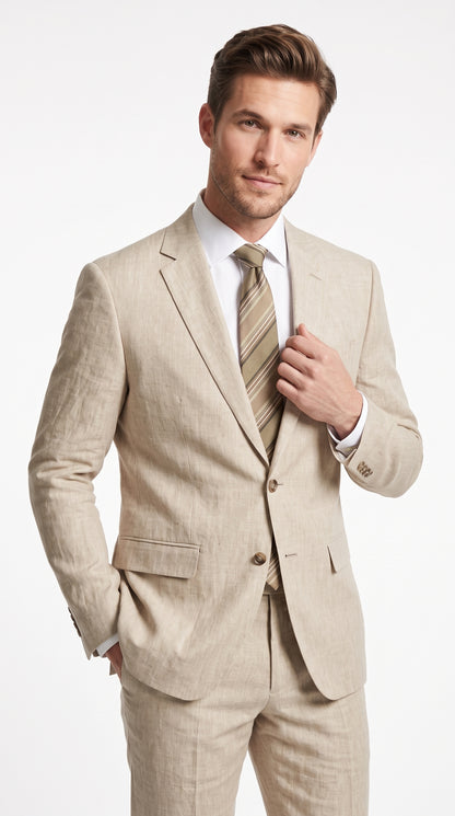 Men’s Beige Linen Suit, Lightweight 2 Button Prom Wedding Summer Suit