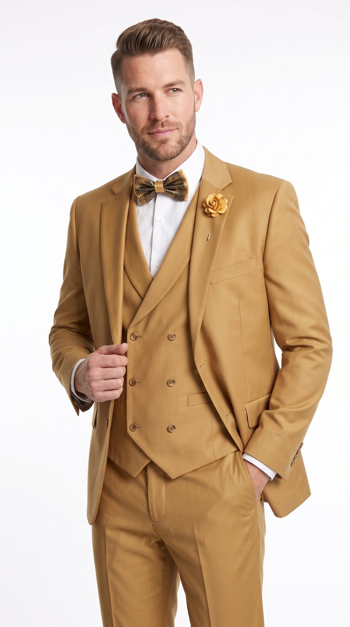 Men’s Camel Classic Fit 3 Piece Suit, Vested Formal Wedding Prom Suit with Knee Lined Pants