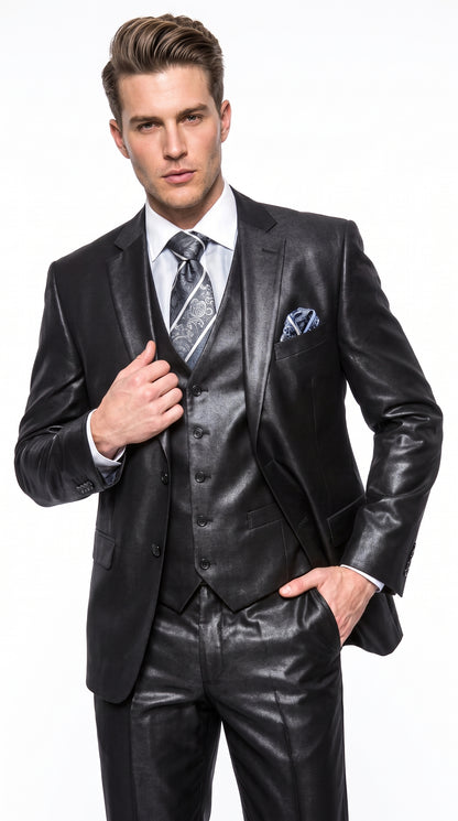 Men's Black Shiny Sharkskin 3-Piece Vested Suit – Flashy Satin Finish Formal Wedding, Prom & Party Suit