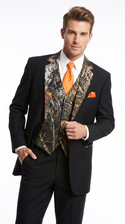 Men’s Black Camo Tuxedo Suit, Slim Fit 2 Button Wedding Prom Suit with Camouflage Vest and Lapels