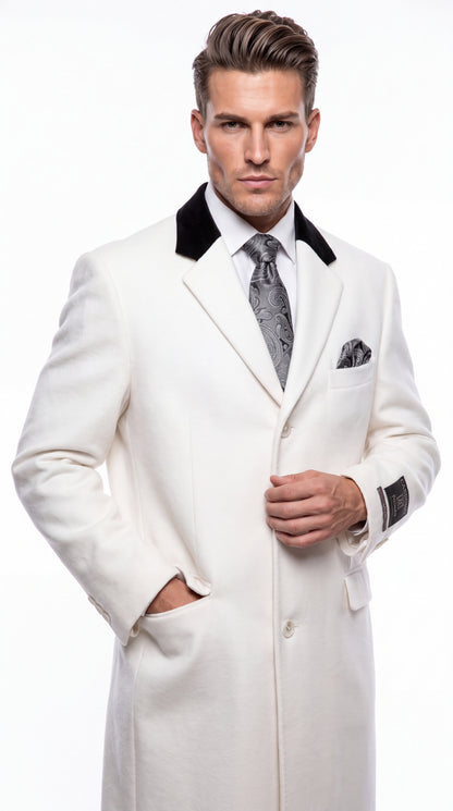 Men’s White Chesterfield Overcoat – Full-Length Wool & Cashmere Dress Coat