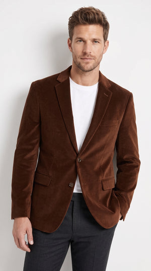 Men's Brown Velour Blazer Jacket – Classic Velvet-Look 2 Button Sport Coat for Weddings, Parties & Formal Events