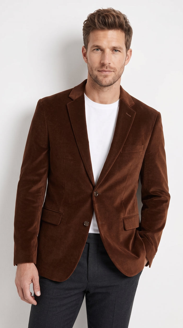 Men's Brown Velour Blazer Jacket – Classic Velvet-Look 2 Button Sport Coat for Weddings, Parties & Formal Events