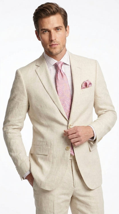 Men’s Natural Linen 2 Piece Suit, Regular Fit Summer Wedding Beach Dress Suit