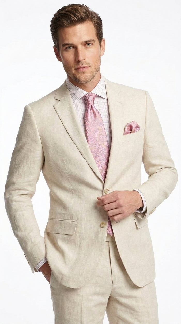 Men’s Natural Linen 2 Piece Suit, Regular Fit Summer Wedding Beach Dress Suit